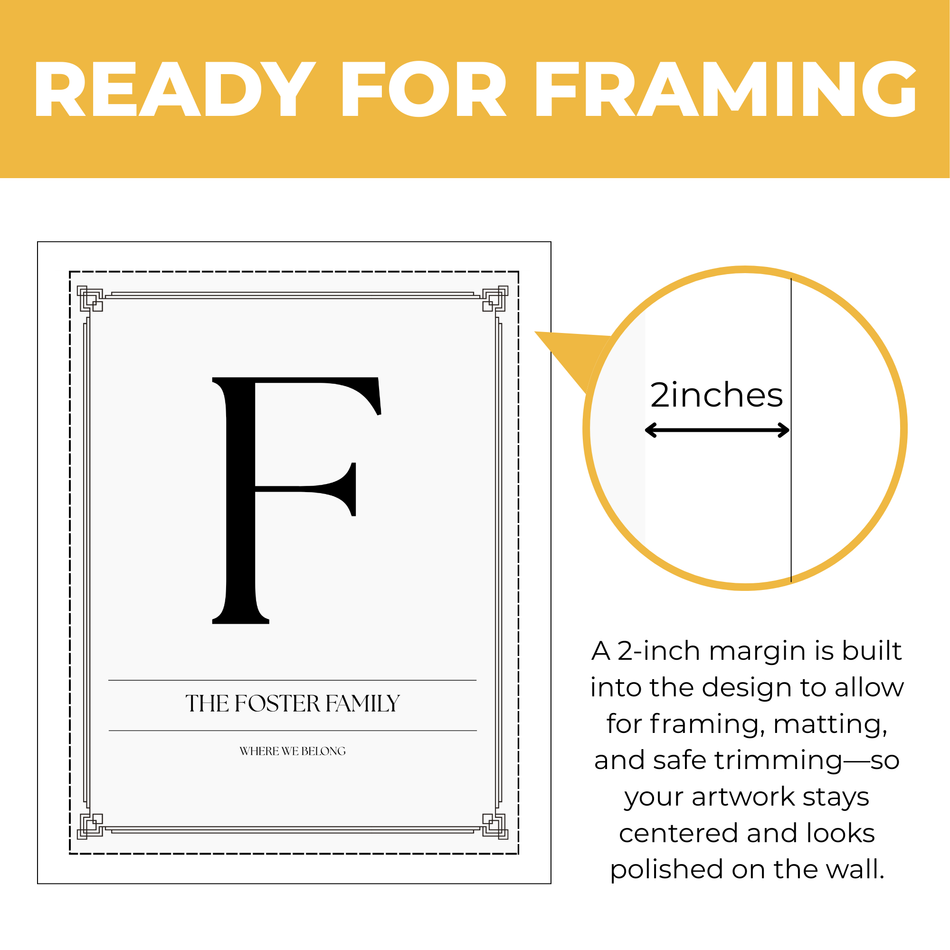Personalized family initial print showing approximately 2-inch built-in margin for framing, matting and safe trimming