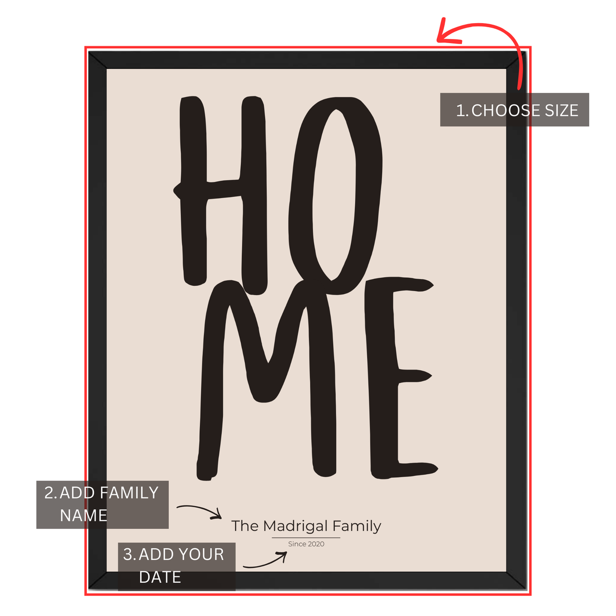 Personalized family home print customization guide showing size family name and date options