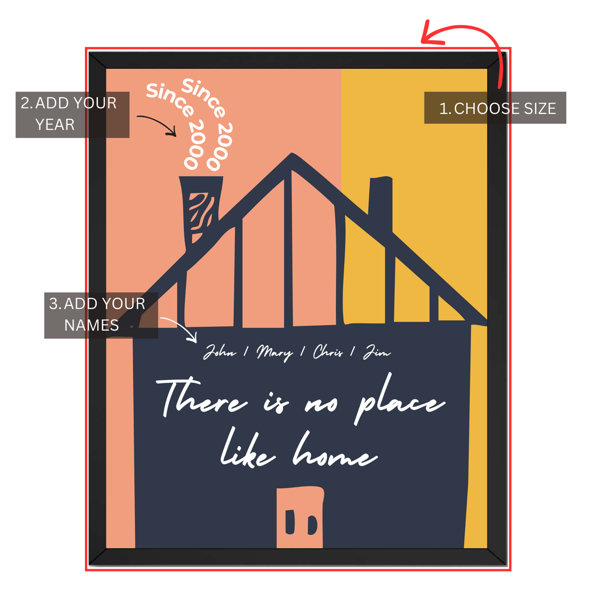 Personalized family home print customization guide showing choose size add year and add family names