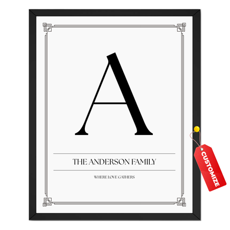 Personalized family initial print with large monogram letter, custom family surname and meaningful text
