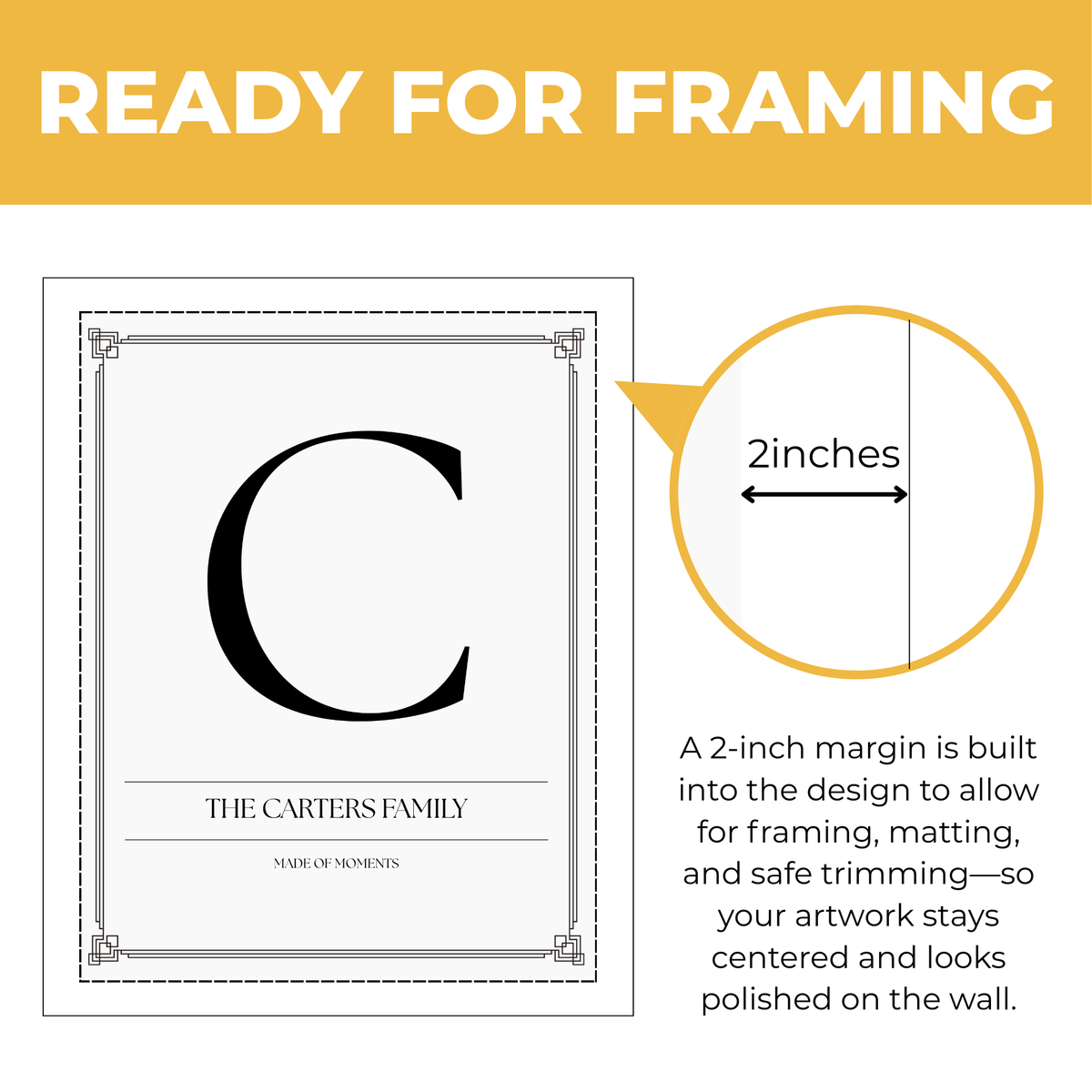 Personalized family initial print showing approximately 2-inch built-in margin for framing, matting and safe trimming