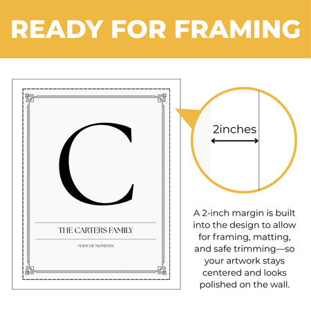 Personalized family initial print showing approximately 2-inch built-in margin for framing, matting and safe trimming