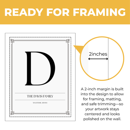 Personalized family initial print showing approximately 2-inch built-in margin for framing, matting and safe trimming