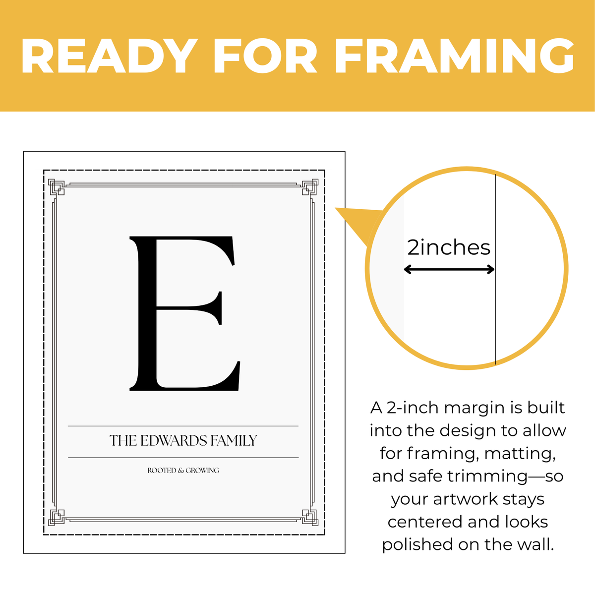 Personalized family initial print showing approximately 2-inch built-in margin for framing, matting and safe trimming