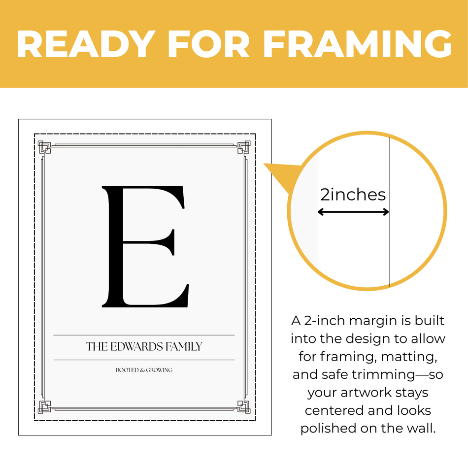 Personalized family initial print showing approximately 2-inch built-in margin for framing, matting and safe trimming