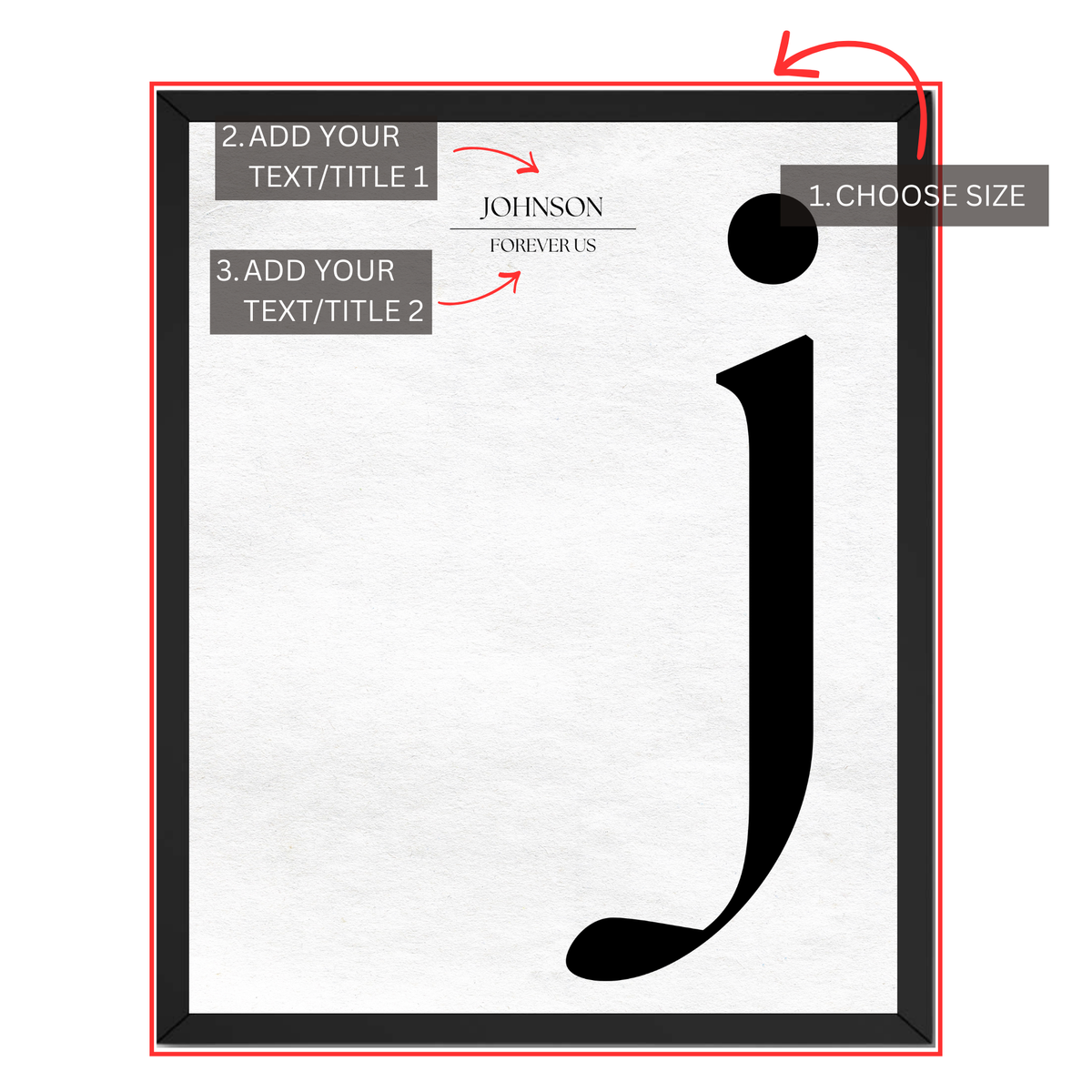Personalized family initial print guide showing where to choose size and add two custom text or title lines
