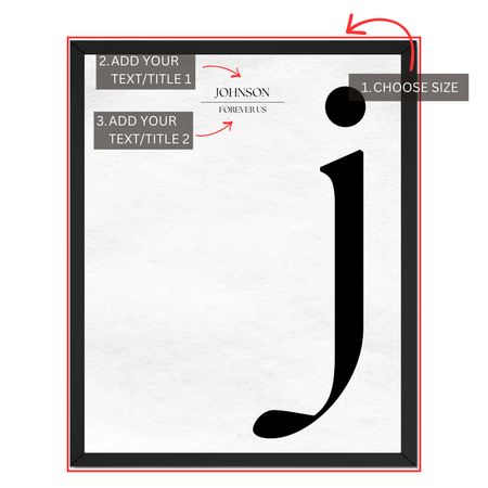 Personalized family initial print guide showing where to choose size and add two custom text or title lines