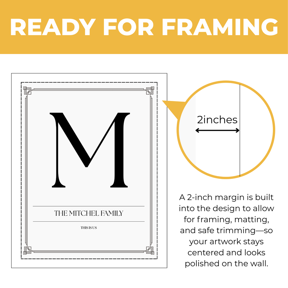 Personalized family initial print showing approximately 2-inch built-in margin for framing and matting