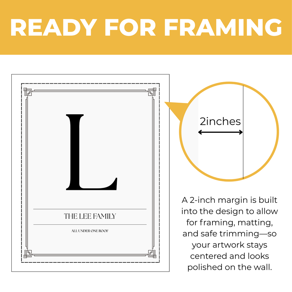 Personalized family initial print showing approximately 2-inch built-in margin for framing, matting and safe trimming