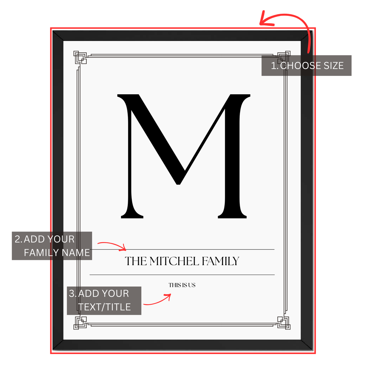Family initial print personalization guide showing custom family name, monogram initial and text