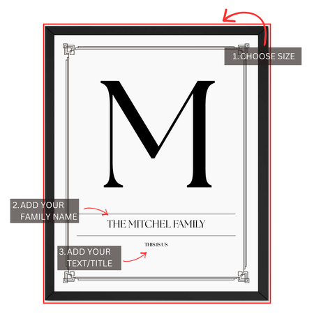 Family initial print personalization guide showing custom family name, monogram initial and text