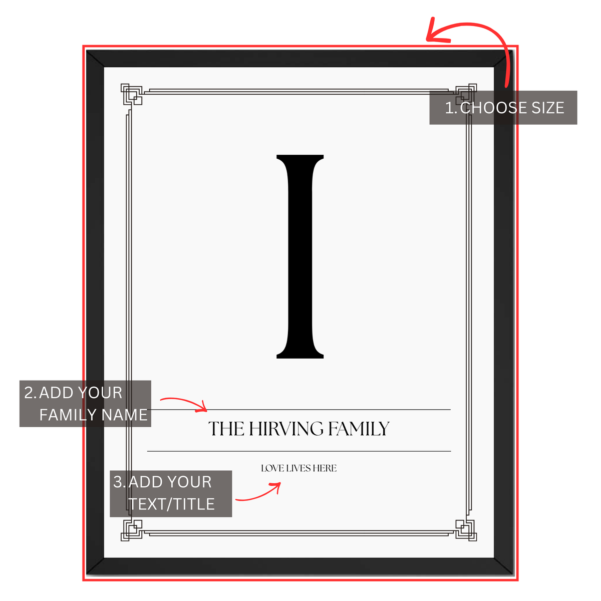 Family initial print personalization guide showing custom family name, monogram initial and personalized text