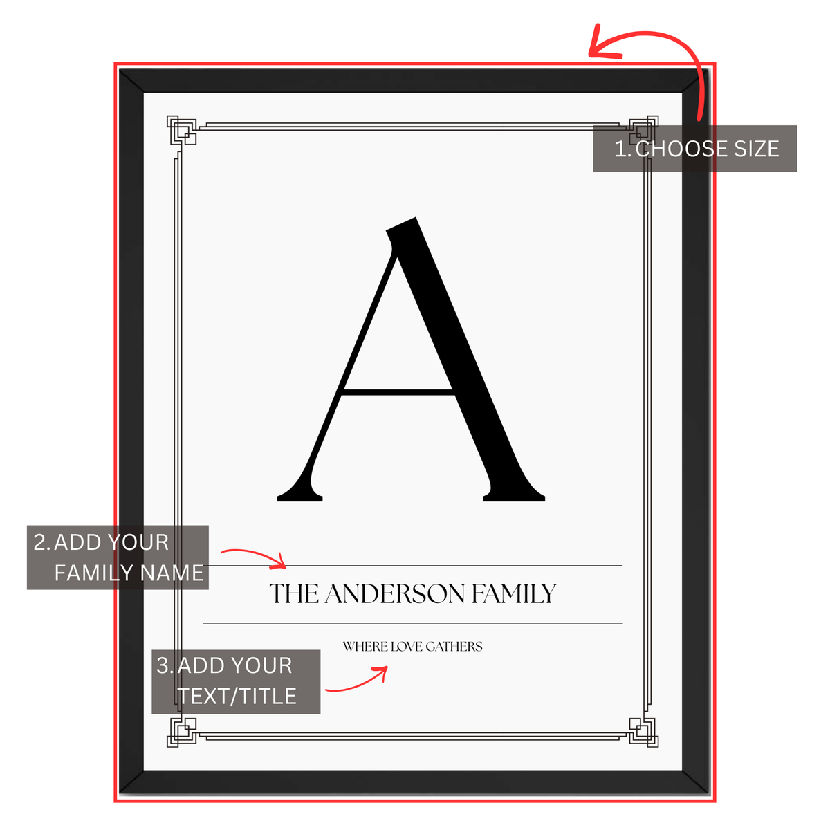 Family initial print personalization guide showing custom family name, monogram initial and custom text or title