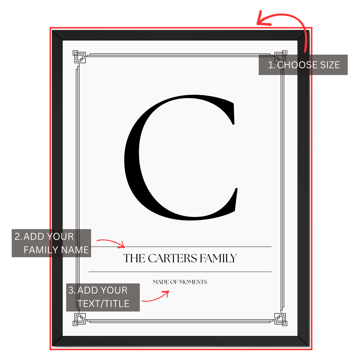 Family initial print personalization guide showing custom family name, large monogram initial and personalized text or title