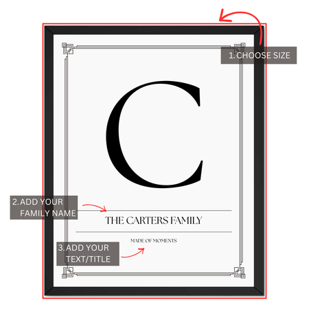 Family initial print personalization guide showing custom family name, large monogram initial and personalized text or title