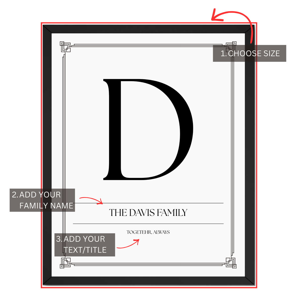 Family initial print personalization guide showing custom family name, large monogram initial and personalized text or title