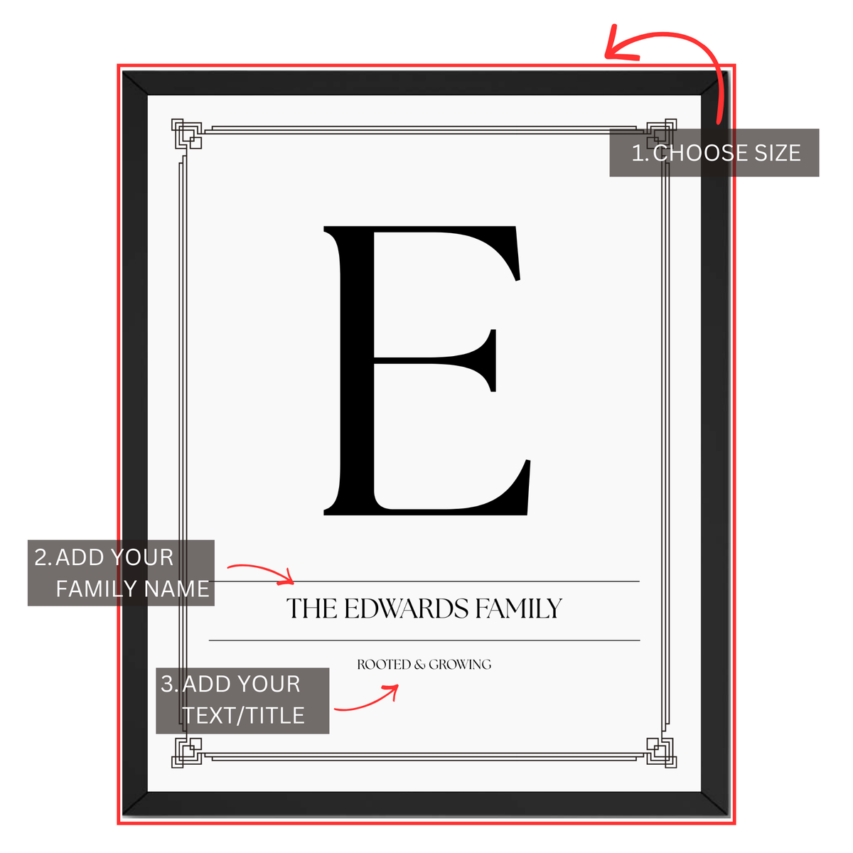 Family initial print personalization guide showing custom family name, monogram initial and personalized text or title