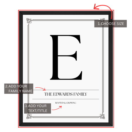 Family initial print personalization guide showing custom family name, monogram initial and personalized text or title