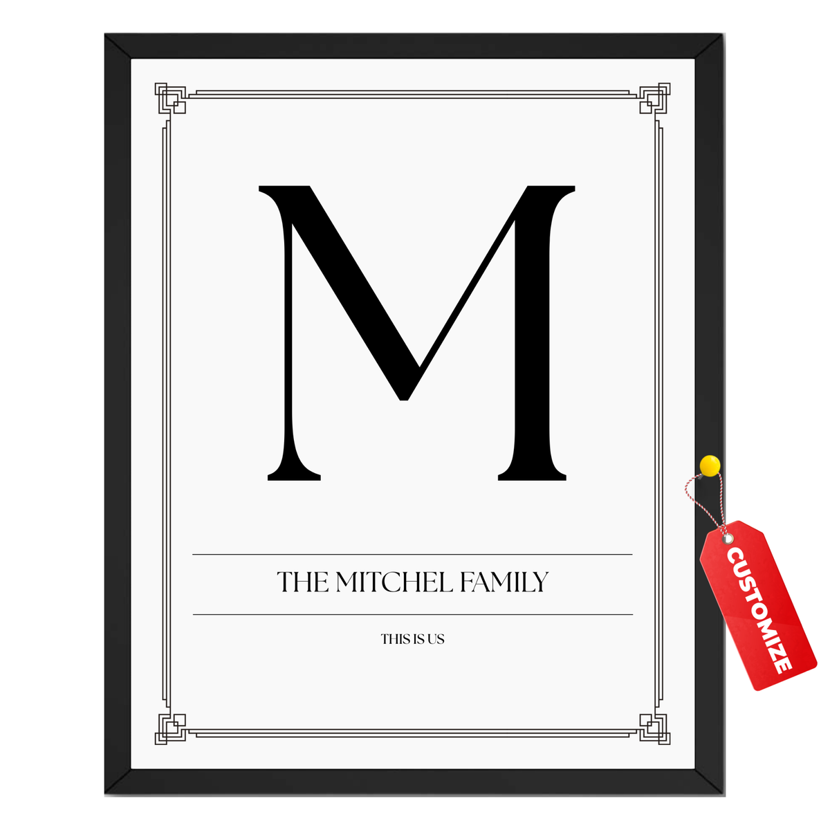 Personalized family initial print with large monogram letter, custom surname and text