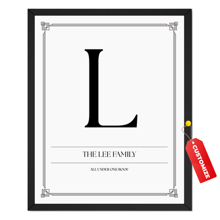 Personalized family initial print with large monogram letter, custom family surname and text