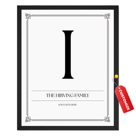 Personalized family initial print featuring a large monogram letter, custom family surname and meaningful text