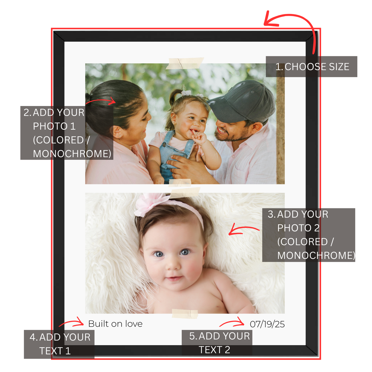 Personalization guide for family love story photo print showing two photo uploads, colored or monochrome options, custom text and date