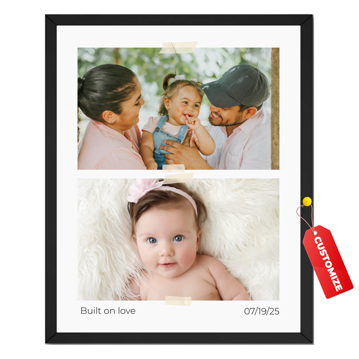 Personalized family love story photo print featuring two custom family and baby photos with meaningful text and special date