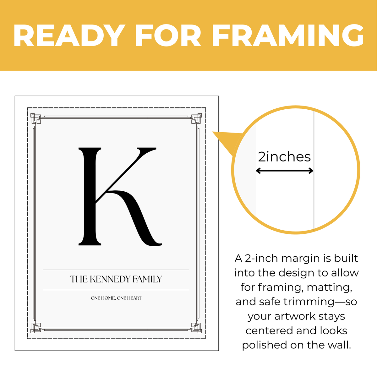 Personalized family monogram print showing approximately 2-inch built-in margin for framing, matting and safe trimming