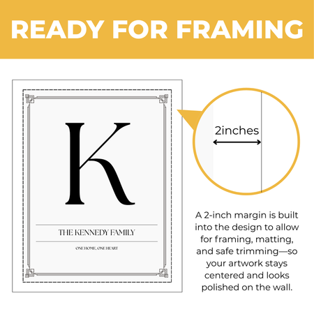 Personalized family monogram print showing approximately 2-inch built-in margin for framing, matting and safe trimming