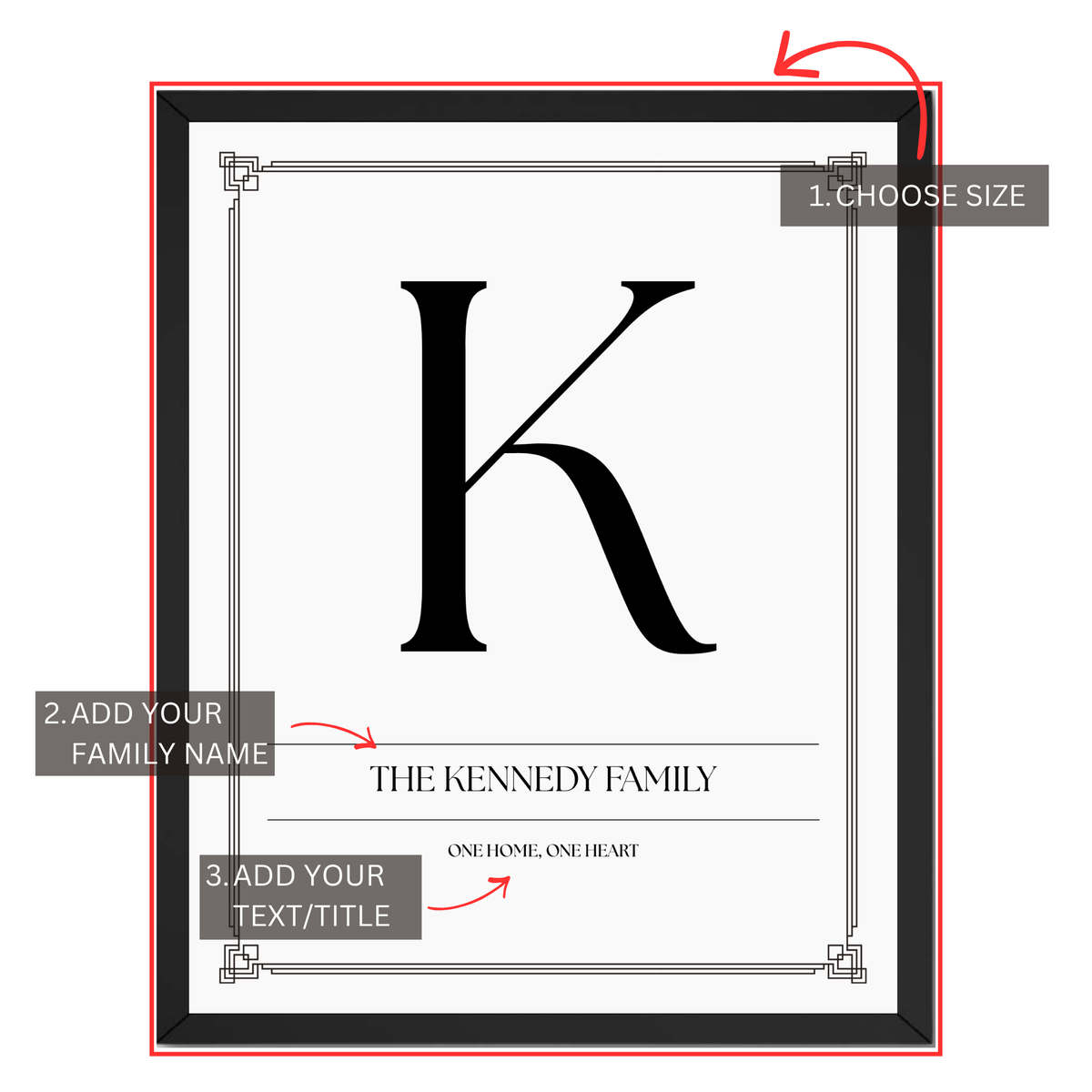 Family monogram print personalization guide showing custom family initial, family name and personalized text