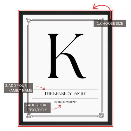 Family monogram print personalization guide showing custom family initial, family name and personalized text