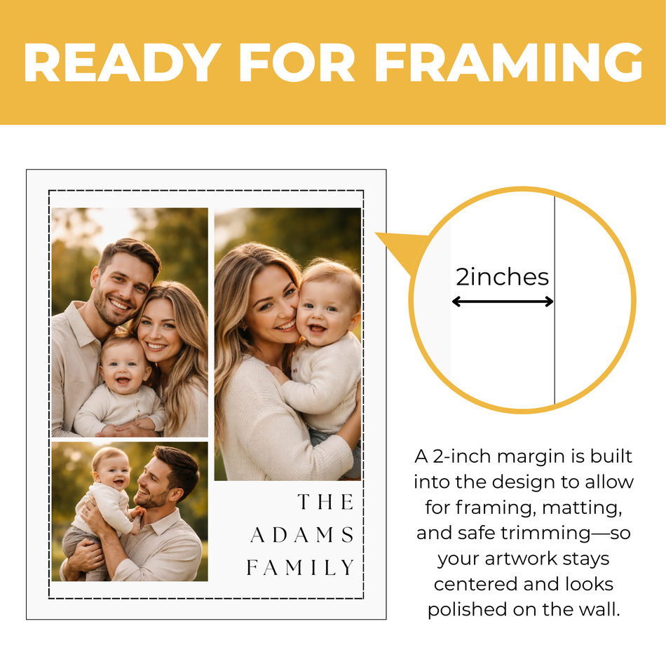 Personalized family name photo collage print showing approximately 2-inch built-in margin for framing and matting