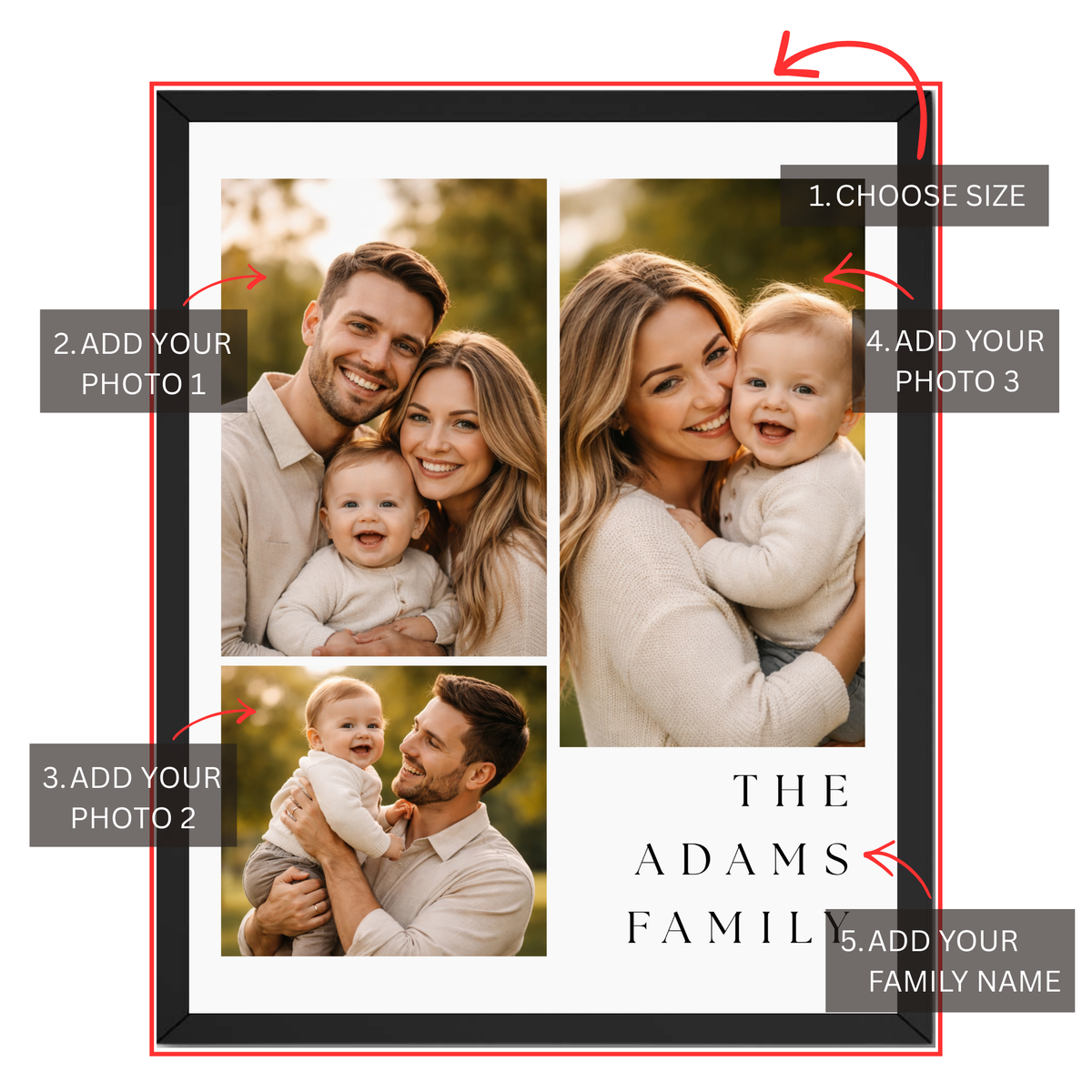 Personalization guide showing three custom photo areas and personalized family name on family collage wall art