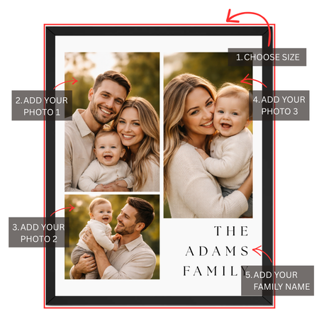 Personalization guide showing three custom photo areas and personalized family name on family collage wall art