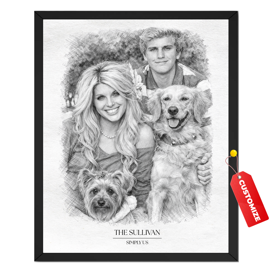 Personalized family and pet portrait sketch print created from a custom photo with family name and subtitle
