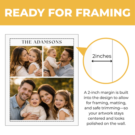 Personalized family photo collage print showing approximately 2-inch built-in margin for framing and matting