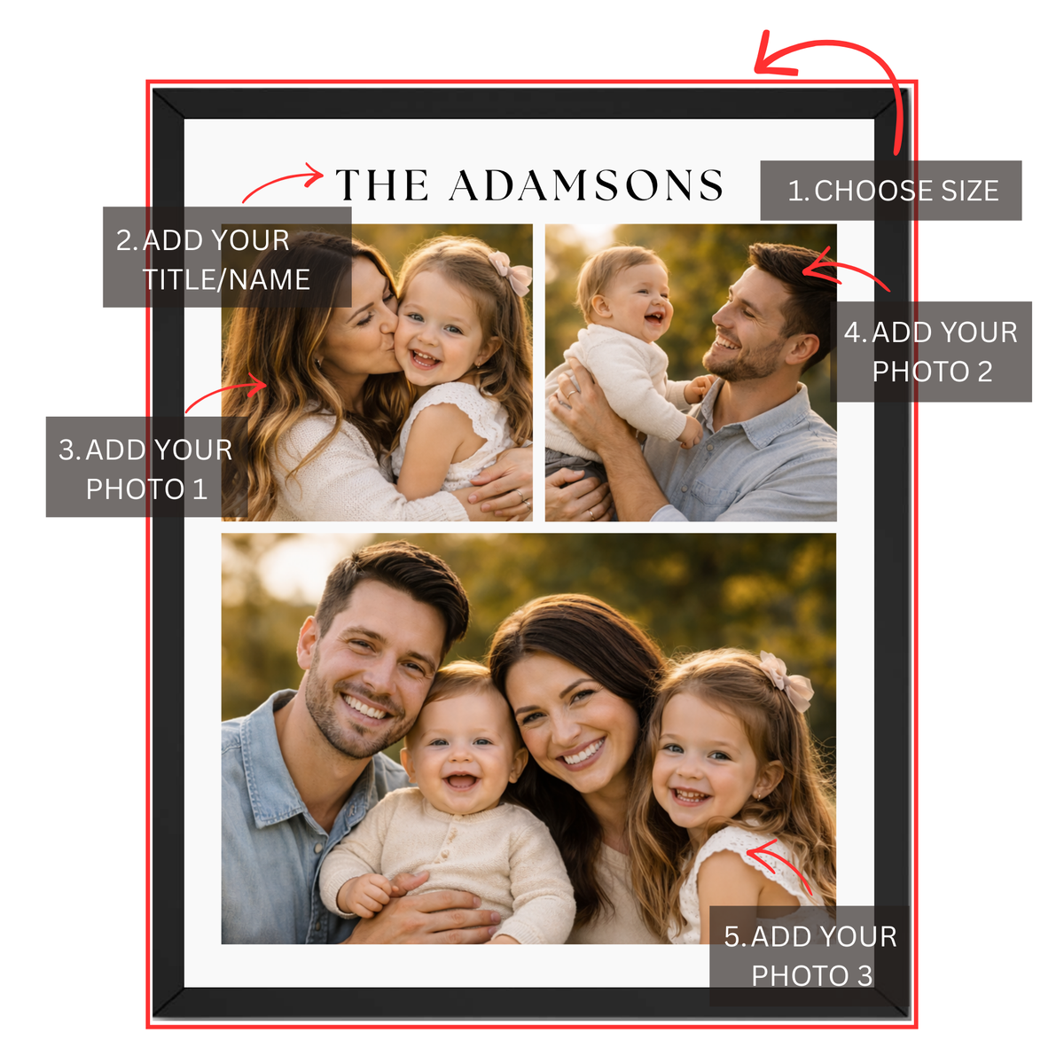 Personalization guide showing custom family title or name and three photo upload areas