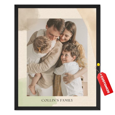 Personalized family portrait print featuring a custom family photo and personalized family name on a warm textured background