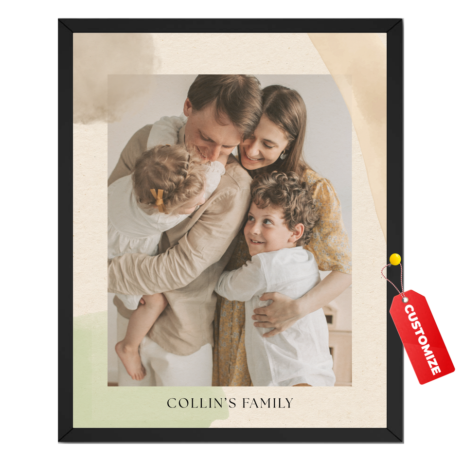 Personalized family portrait print featuring a custom family photo and personalized family name on a warm textured background