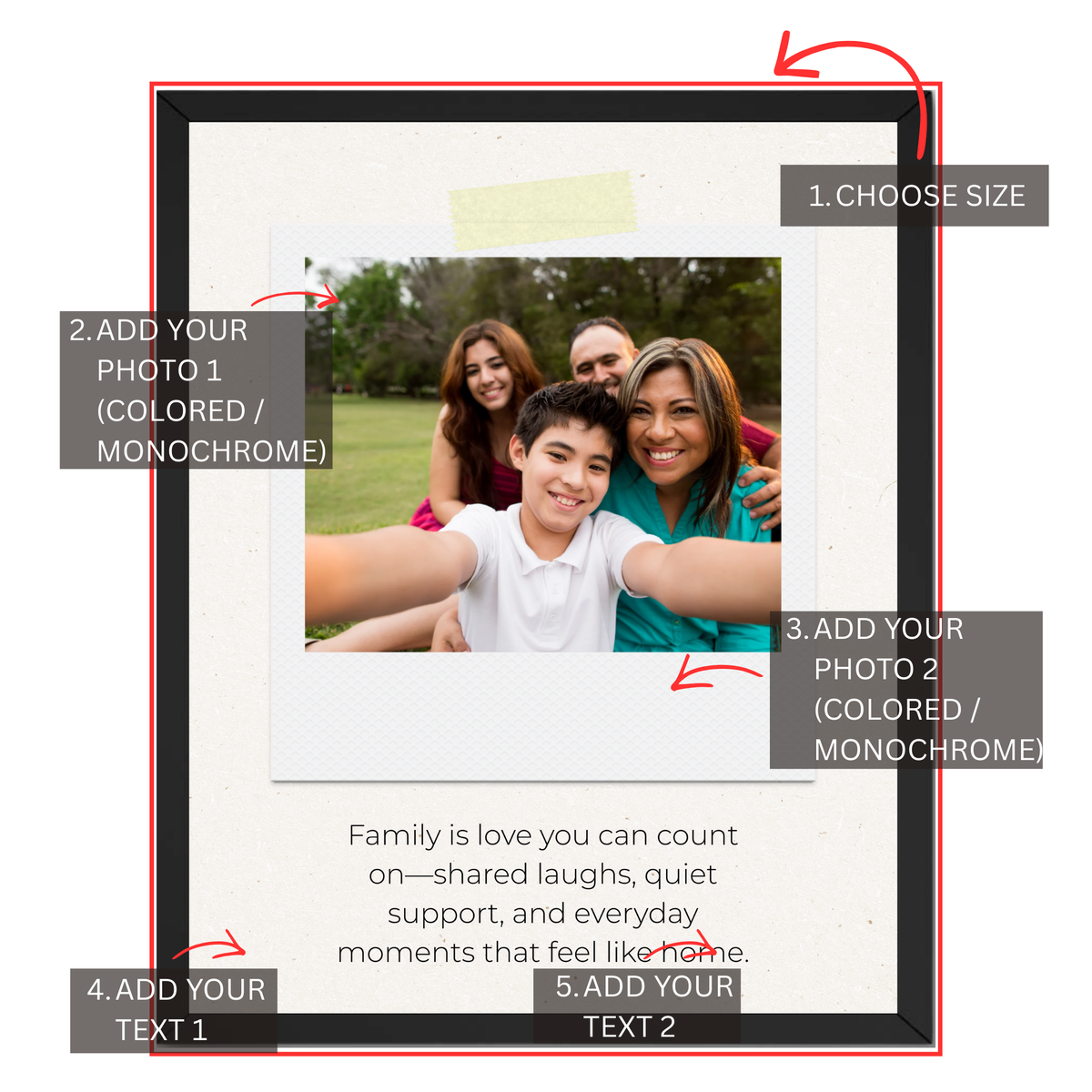 Personalization guide for family quote photo print showing size selection, photo upload options and custom text fields