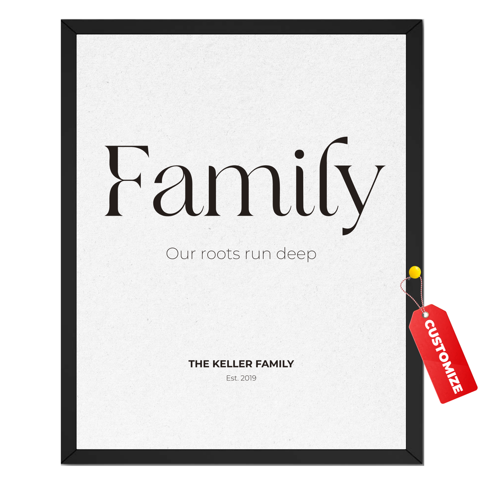 Personalized family roots print with custom family name established year and Our Roots Run Deep quote