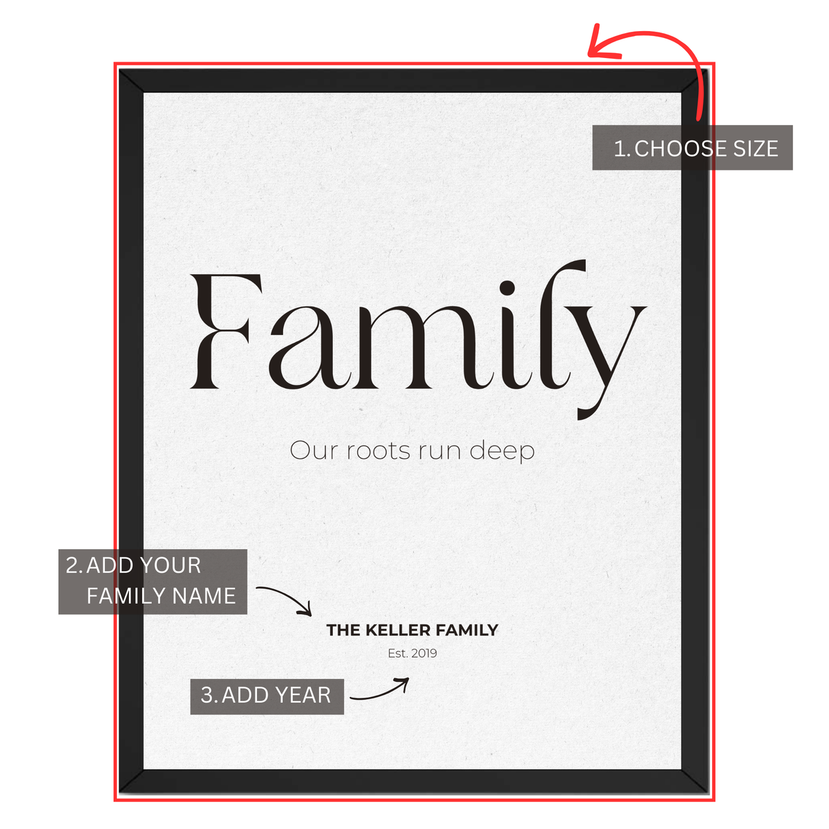 Personalized family roots print customization guide showing family name and established year options