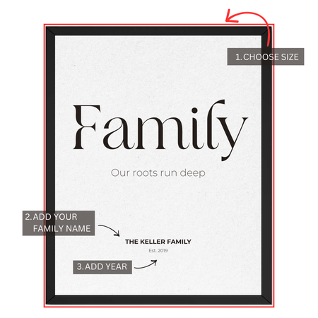 Personalized family roots print customization guide showing family name and established year options