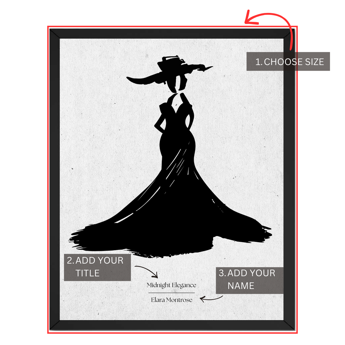 Personalized fashion silhouette print guide showing where to choose size and add custom title and name