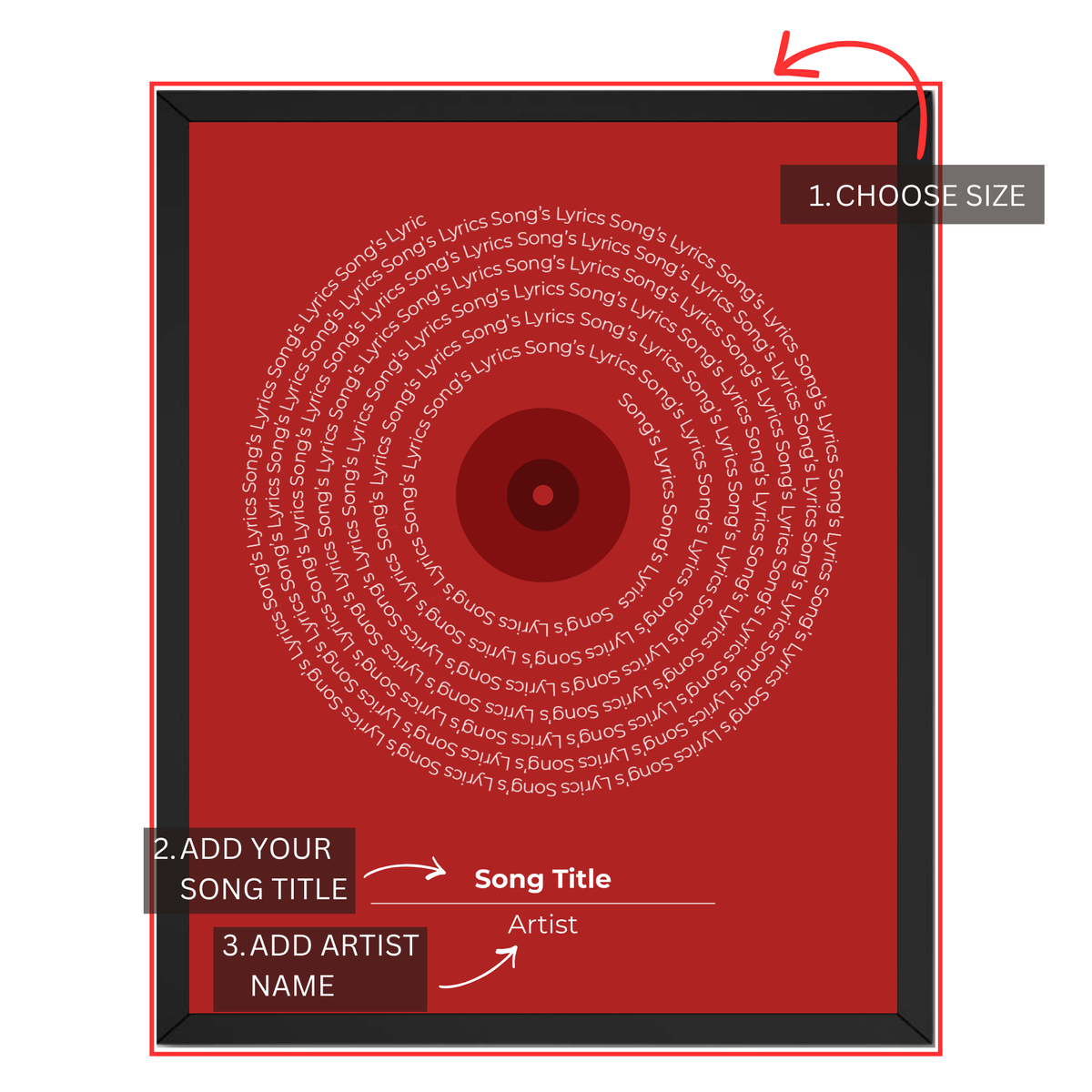 Personalized favorite song lyrics print guide showing where to choose size and add custom song title and artist name