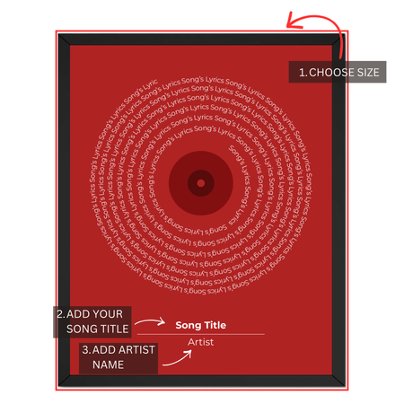 Personalized favorite song lyrics print guide showing where to choose size and add custom song title and artist name