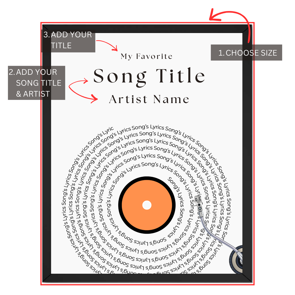 Personalized favorite song record print guide showing where to choose size and add custom title, song title and artist