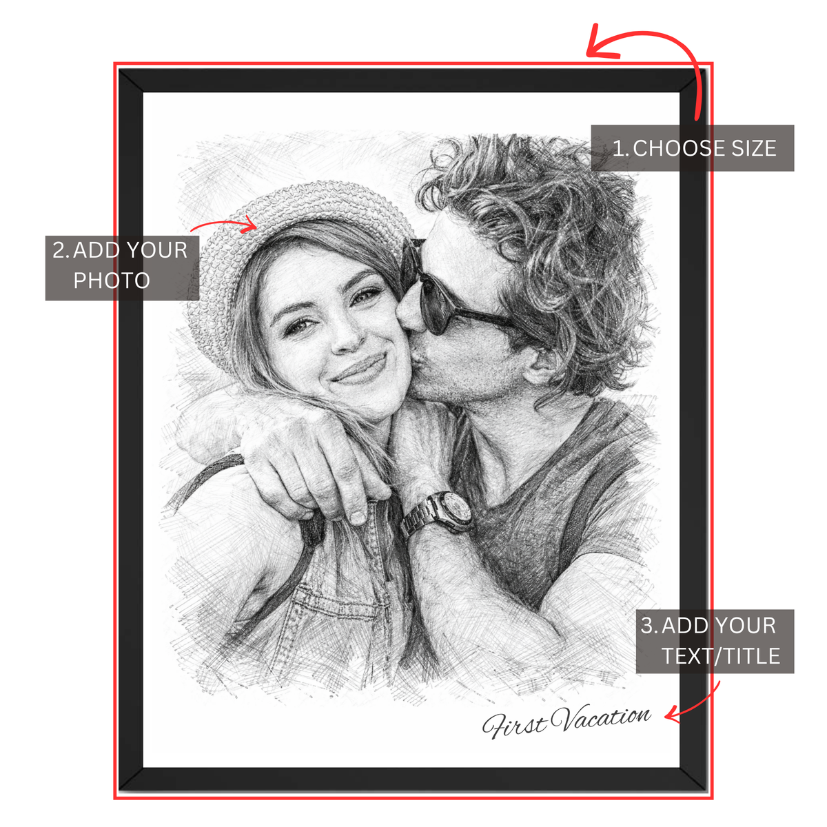 Personalized first vacation sketch print guide showing where to choose size, upload a couple photo and add custom milestone text