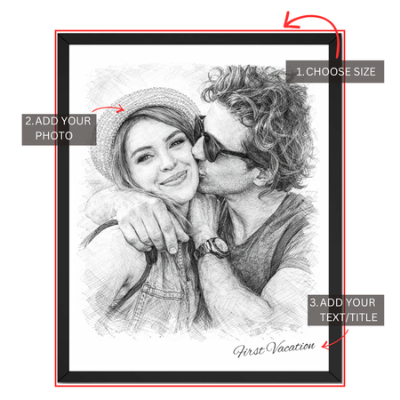 Personalized first vacation sketch print guide showing where to choose size, upload a couple photo and add custom milestone text