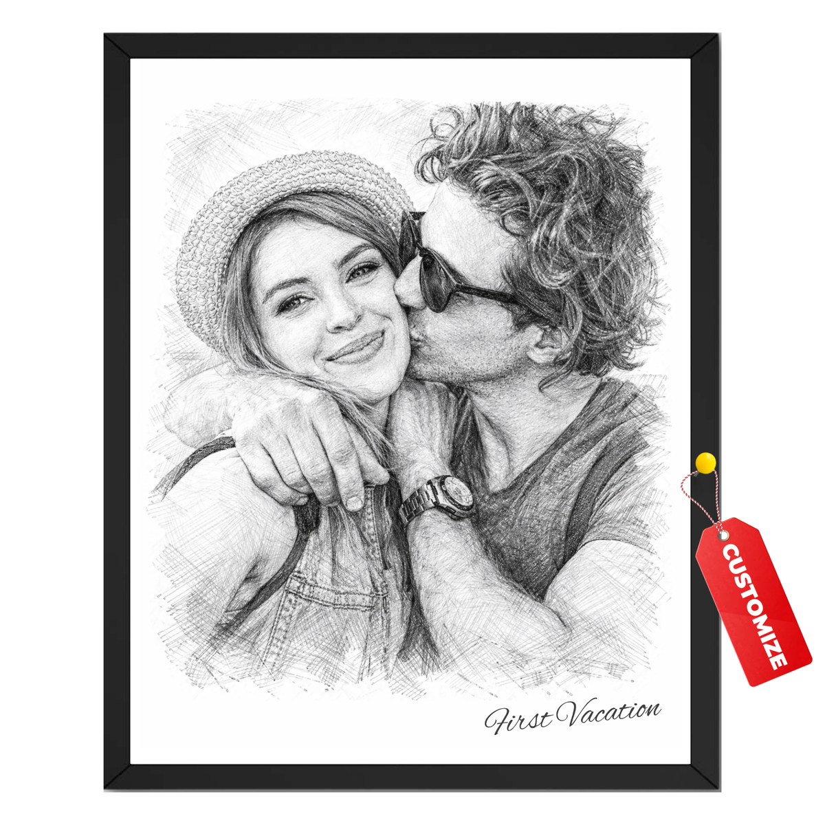 Personalized first vacation sketch print featuring a custom couple photo transformed into a black and white pencil-style portrait
